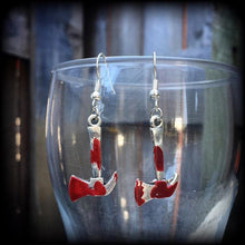 Load image into Gallery viewer, Pickaxe earrings Hatchet earrings Lizzie Borden earrings Weapon earrings Tunnel earrings Plug earrings Murder weapon earrings Gore jewelry
