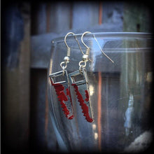 Load image into Gallery viewer, Halloween earrings Bone Saw earrings Saw earrings Horror earrings Morgue earrings Horror jewelry Pierced ears Tunnel earrings Plug dangles