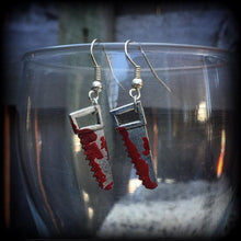 Load image into Gallery viewer, Halloween earrings Bone Saw earrings Saw earrings Horror earrings Morgue earrings Horror jewelry Pierced ears Tunnel earrings Plug dangles