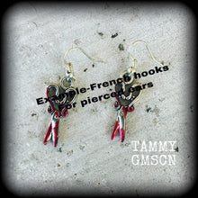 Load image into Gallery viewer, Scissors earrings Halloween earrings Horror movie earrings Psycho earrings Mudrer weapons Gore earrings Morgue earrings Plug earrings Gauges