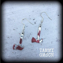 Load image into Gallery viewer, Pickaxe earrings Hatchet earrings Lizzie Borden earrings Weapon earrings Tunnel earrings Plug earrings Murder weapon earrings Gore jewelry