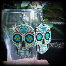 Load image into Gallery viewer, Sugar skull earrings Day of the Dead Halloween Los Muertos Candy Skull Plug earrings Kawaii Tunnel earrings Pierced ears Gauged earrings 2g