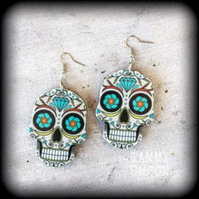 Load image into Gallery viewer, Sugar skull earrings Day of the Dead Halloween Los Muertos Candy Skull Plug earrings Kawaii Tunnel earrings Pierced ears Gauged earrings 2g