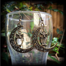 Load image into Gallery viewer, Crescent moon earrings Owl earrings Wicca Witchy Moon earrings Pierced Ears Tunnel earrings Plug earrings Dangle earrings Tunnel dangles