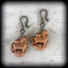 Load image into Gallery viewer, Horse earrings Rocking horse earrings Wood earrings Animal earrings Carved Wood earrings Organic earrings Year of the Horse earrings 2 gauge