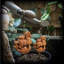 Load image into Gallery viewer, Horse earrings Rocking horse earrings Wood earrings Animal earrings Carved Wood earrings Organic earrings Year of the Horse earrings 2 gauge