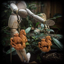 Load image into Gallery viewer, Horse earrings Rocking horse earrings Wood earrings Animal earrings Carved Wood earrings Organic earrings Year of the Horse earrings 2 gauge
