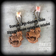 Load image into Gallery viewer, Horse earrings Rocking horse earrings Wood earrings Animal earrings Carved Wood earrings Organic earrings Year of the Horse earrings 2 gauge