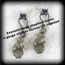 Load image into Gallery viewer, Bronze earrings Genie earrings Aladdin earrings Water earrings Aquarius earrings Ornate Bronze earrings Statement earrings Tunnel dangles 8g
