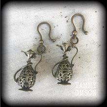 Load image into Gallery viewer, Genie Lamp earrings for stretched lobes, Light weight ear weights, Tunnel dangles, Hanging gauges, Gauged earrings, Plug dangles, Bronze 2g
