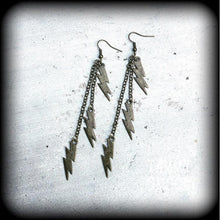 Load image into Gallery viewer, Lightning bolt earrings, Kitsch earrings, Bowie earrings, Dangle earrings, Stormy, Rain, Earrings for pierced ears or stretched lobes