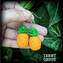Load image into Gallery viewer, Pineapple earrings Vegan earrings Fruit salad Novelty earrings Clean eats Tunnel earrings Plug earrings Gauged earrings Tunnel dangles 2g 4g