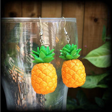 Load image into Gallery viewer, Pineapple earrings Vegan earrings Fruit salad Novelty earrings Clean eats Tunnel earrings Plug earrings Gauged earrings Tunnel dangles 2g 4g