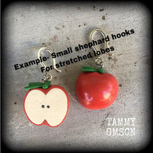 Load image into Gallery viewer, Apple earrings Vegan earrings Fruit salad Novelty earrings Clean eats Tunnel earrings Plug earrings Gauged earrings Tunnel dangles 2g 4g 6g