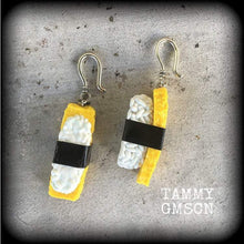 Load image into Gallery viewer, Sushi Earrings Food earrings Egg Tamago Nigiri Rice Sushi Roll Dangle earrings  3mm 4mm 5mm tunnel dangles 6mm 8mm 10 mm 0 gauge ear hangers
