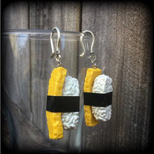 Load image into Gallery viewer, Sushi Earrings Food earrings Egg Tamago Nigiri Rice Sushi Roll Dangle earrings  3mm 4mm 5mm tunnel dangles 6mm 8mm 10 mm 0 gauge ear hangers