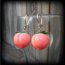 Load image into Gallery viewer, Peach earrings Fruit earrings Food earrings Vegan earrings Tunnel earrings Novelty earrings Plug earrings Earrings for pierced ears Gauges