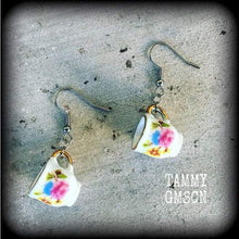 Load image into Gallery viewer, Tea cup earrings Ceramic earrings Coffee earrings Alice in Wonderland China tea cup earrings Tunnel dangles 8mm plug earrings Gifts for her