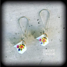 Load image into Gallery viewer, Milk jug earrings 8 gauge tunnel dangles Ceramic earrings  Alice in Wonderland Devonshire tea 8g tunnel dangles Plug earrings Gifts for her