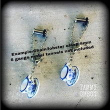 Load image into Gallery viewer, 4mm 6 gauge ear hangers Tea cup earrings Devonshire tea earrings Alice in Wonderland 5mm Tunnel earrings 4mm Tunnel dangles Plug earrings