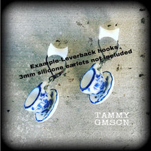 Load image into Gallery viewer, 4mm 6 gauge ear hangers Tea cup earrings Devonshire tea earrings Alice in Wonderland 5mm Tunnel earrings 4mm Tunnel dangles Plug earrings