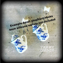 Load image into Gallery viewer, Tea pot earrings China teapot earrings Alice in Wonderland Tea Party earrings 3mm 4mm 6mm 8mm tunnel dangles 2 gauge plug earrings Gauges