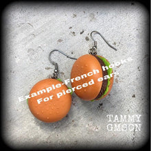 Load image into Gallery viewer, 8 gauge 4 gauge 2 gauge 0 gauge ear hangers Tunnel dangles Cheese burger ear weight Hamburger Plug dangles Plug earrings Gauged earrings