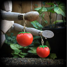 Load image into Gallery viewer, Tomato earrings Vegan Vegetable Food Salad Plant Dangle earrings Tunnel dangles Tunnel earrings Plug earrings Ear hangers Hanging gauges 0g