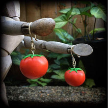 Load image into Gallery viewer, Tomato earrings Vegan Vegetable Food Salad Plant Dangle earrings Tunnel dangles Tunnel earrings Plug earrings Ear hangers Hanging gauges 0g
