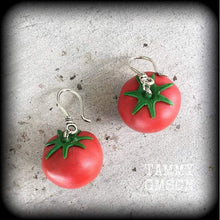 Load image into Gallery viewer, Tomato earrings Vegan Vegetable Food Salad Plant Dangle earrings Tunnel dangles Tunnel earrings Plug earrings Ear hangers Hanging gauges 0g