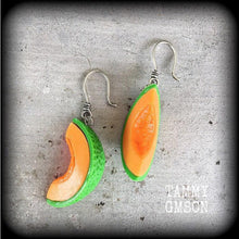 Load image into Gallery viewer, Melon earrings Rockmelon earrings Vegan earrings Fruit jewelry Vegetable Novelty earrings Tunnel earrings Plug earrings Gifts for her Gauges