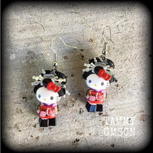 Load image into Gallery viewer, Hello Kitty earrings, Geisha Maiko earrings, Happy Cat, Japanese earrings, My melody, Plug earrings, Kawaii earrings, Kitsch earrings, 14g