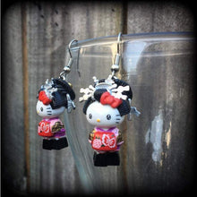 Load image into Gallery viewer, Hello Kitty earrings, Geisha Maiko earrings, Happy Cat, Japanese earrings, My melody, Plug earrings, Kawaii earrings, Kitsch earrings, 14g