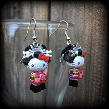 Load image into Gallery viewer, Hello Kitty earrings, Geisha Maiko earrings, Happy Cat, Japanese earrings, My melody, Plug earrings, Kawaii earrings, Kitsch earrings, 14g