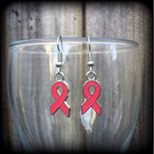 Load image into Gallery viewer, Pink ribbon earrings Cancer earrings Pink earrings Pink jewelry Kitsch earrings Dangle earrings Plug earrings 8g 6g 4g 2g Tunnel earrings