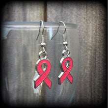 Load image into Gallery viewer, Pink ribbon earrings Cancer earrings Pink earrings Pink jewelry Kitsch earrings Dangle earrings Plug earrings 8g 6g 4g 2g Tunnel earrings