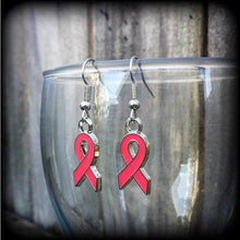 Load image into Gallery viewer, Pink ribbon earrings Cancer earrings Pink earrings Pink jewelry Kitsch earrings Dangle earrings Plug earrings 8g 6g 4g 2g Tunnel earrings