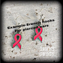 Load image into Gallery viewer, Pink ribbon earrings Cancer earrings Pink earrings Pink jewelry Kitsch earrings Dangle earrings Plug earrings 8g 6g 4g 2g Tunnel earrings
