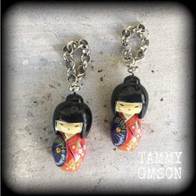 Load image into Gallery viewer, Geisha earrings Japanese earrings Maiko earrings Oshiroi earrings Geigi 8mm Tunnel dangles 10mm Plug earrings Ear weights Ear hangers Gauges
