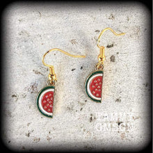 Load image into Gallery viewer, Watermelon earrings Fruit jewelry Vegan earrings Five dollar earrings Retro earrings Plant jewelry Vegan jewelry Cute earrings Tunnels