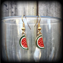 Load image into Gallery viewer, Watermelon earrings Fruit jewelry Vegan earrings Five dollar earrings Retro earrings Plant jewelry Vegan jewelry Cute earrings Tunnels
