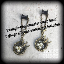 Load image into Gallery viewer, Bird cage earrings Tattoo jewelry Swallow earrings Dove earrings Blue bird jewelry Sailor Jerry 3mm Tunnel dangles 8 gauge Plug dangles 6mm