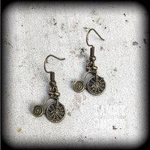 Load image into Gallery viewer, Penny Farthing earrings Bicycle earrings Victorian earrings Kitsch earrings 3mm tunnel dangles Steampunk earrings 5mm plug dangles 6g gauges