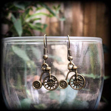 Load image into Gallery viewer, Penny Farthing earrings Bicycle earrings Victorian earrings Kitsch earrings 3mm tunnel dangles Steampunk earrings 5mm plug dangles 6g gauges