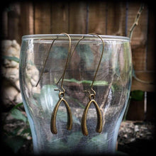 Load image into Gallery viewer, Wishbone earrings Good luck earrings Dangle earrings Nautical earrings Lucky charms Good luck charm 3mm plug dangles 2mm tunnel earrings