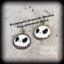 Load image into Gallery viewer, Halloween earrings Jack Skellington earrings Nightmare earrings Skeleton earrings Jack and Sally Tunnel earrings Plug dangles Ear hangers 8g