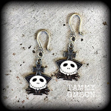 Load image into Gallery viewer, Halloween earrings Jack Skellington Earrings Nightmare Earrings Skeleton Earrings Jack and Sally Tim Burton earrings Pierced ears Gauges 8g