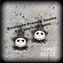 Load image into Gallery viewer, 3mm 8 gauge halloween ear hangers Jack Skellington 4mm tunnel earrings 5mm 6mm 8mm plug earrings Jack and Sally Tim Burton Gauged earrings