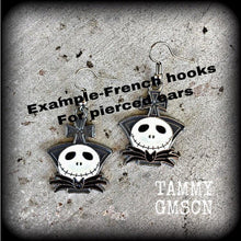 Load image into Gallery viewer, Halloween earrings Jack Skellington Earrings Nightmare Earrings Skeleton Earrings Jack and Sally Tim Burton earrings Pierced ears Gauges 8g