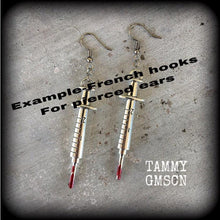 Load image into Gallery viewer, Syringe earrings Halloween earrings Horror earrings Nurse earrings Medical earrings Horror jewelry 4mm plug dangles 8 gauge tunnel earrings
